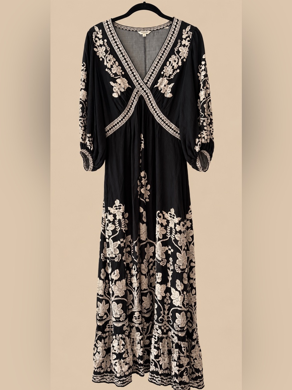 Max Studio Black Maxi Dress with Cream Floral Embroidery
